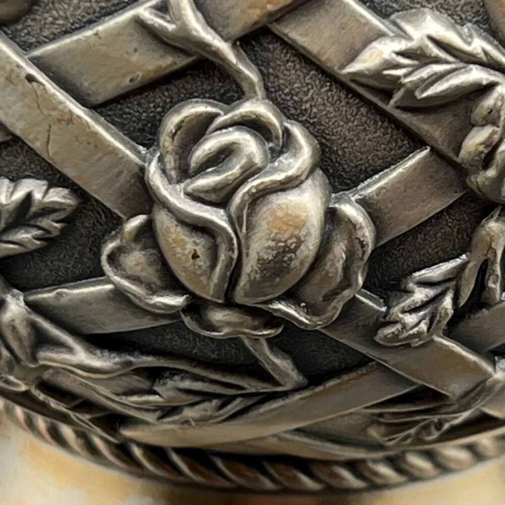 Vintage Pewter Trinket Dish Vase Intricate Trellis Climbing Rose Basket Weaved